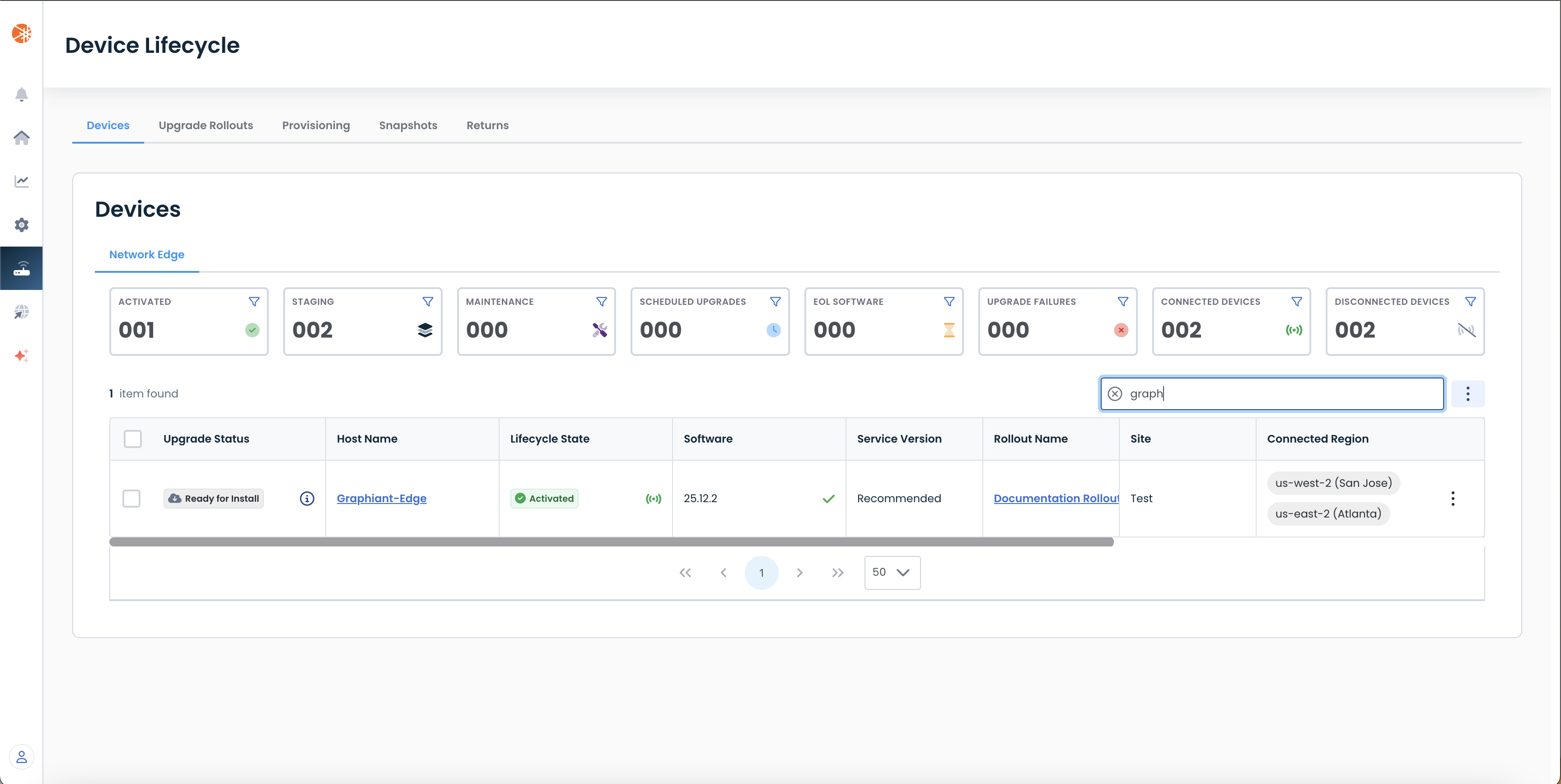 Device lifecycle management interface showing device statuses and upgrade information.